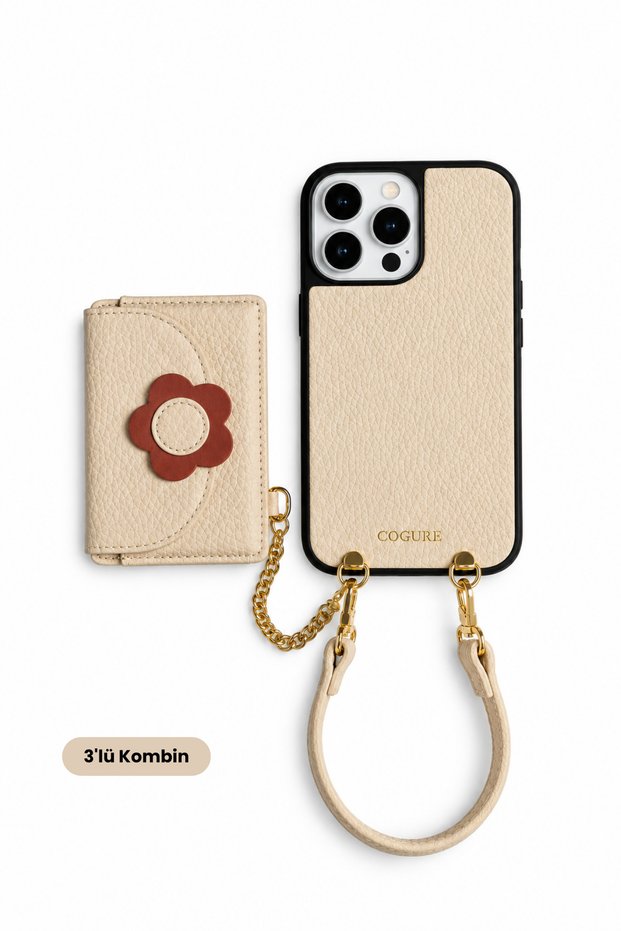 Hera iPhone 16 Pro Max Compatible Floral Magsafe Wallet, Wrist Strap, Case Set of 3 in Beige