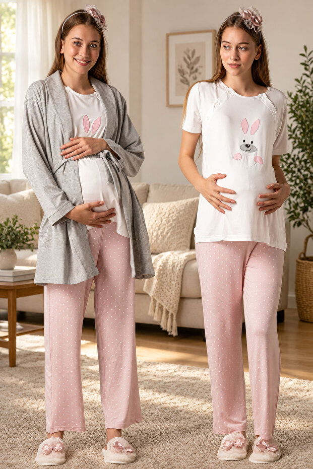Effortt Pink Dressing Gown Maternity Pajama Set