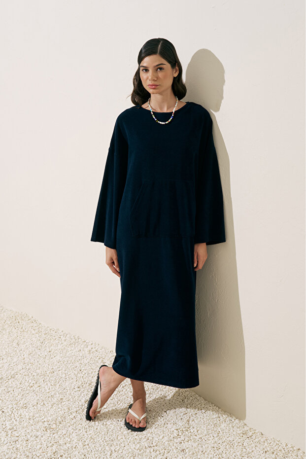 Towel Fabric Casual Dress Navy Blue