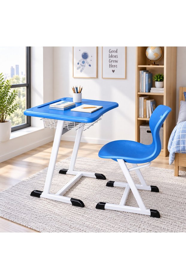 Blue and White Study Desk Set with Comfortable Chair