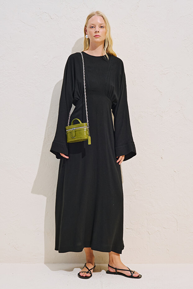 Linen Mixed Wide Sleeve Dress Black
