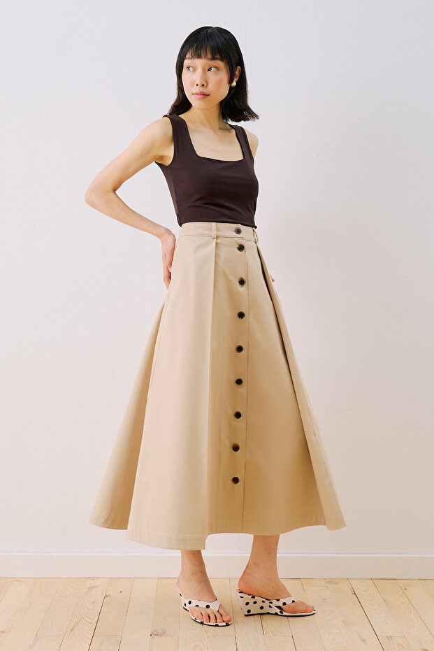 Lula Buttoned Skirt with Pleat Detail, Sand Color