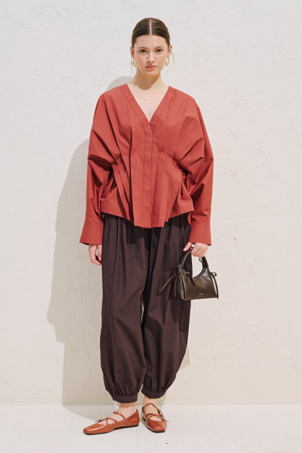 Pleated Waist Design Shirt Tile Print