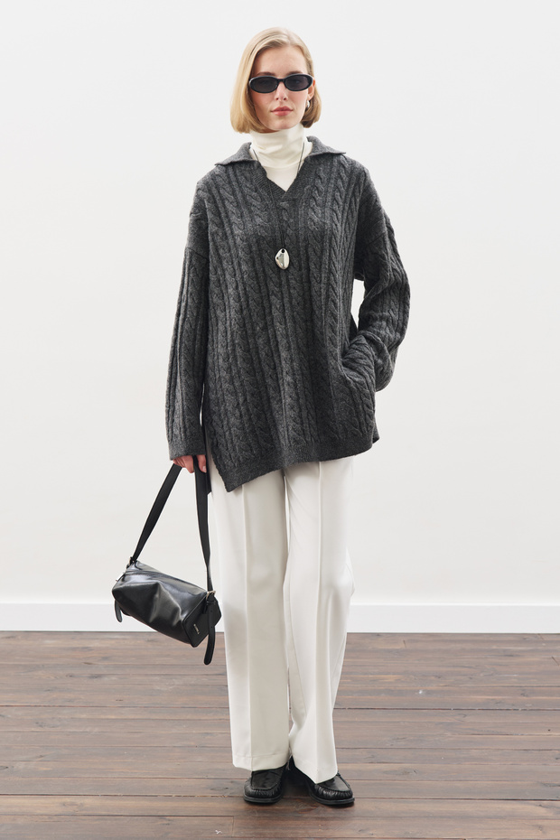 Yakali Hair Braided Sweater Anthracite