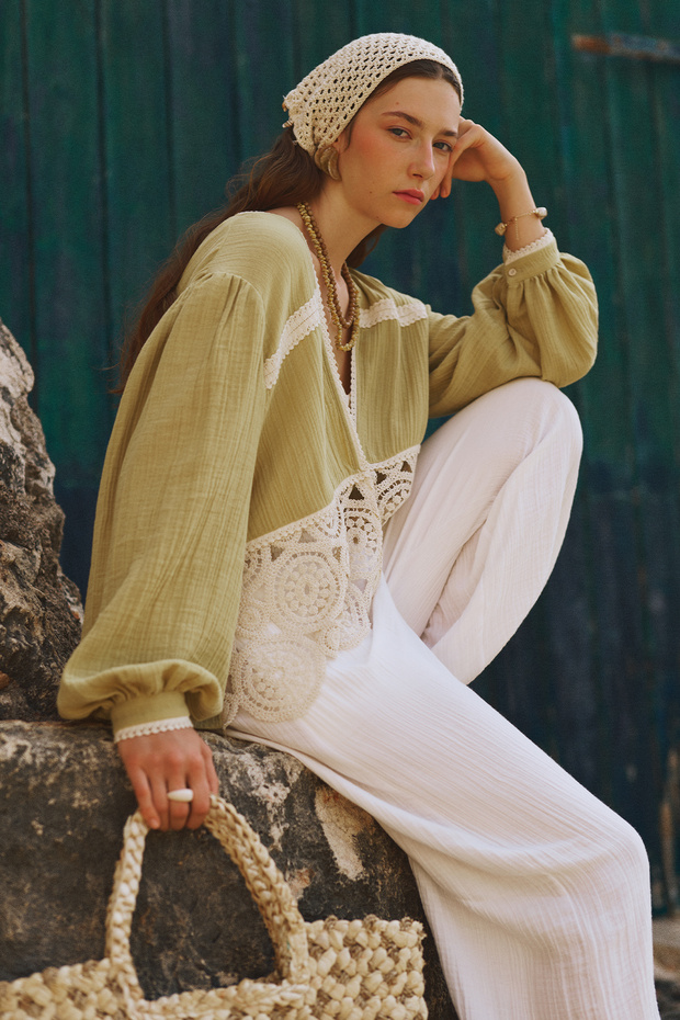 Lace-Detail Muslin Blazer Yellow
