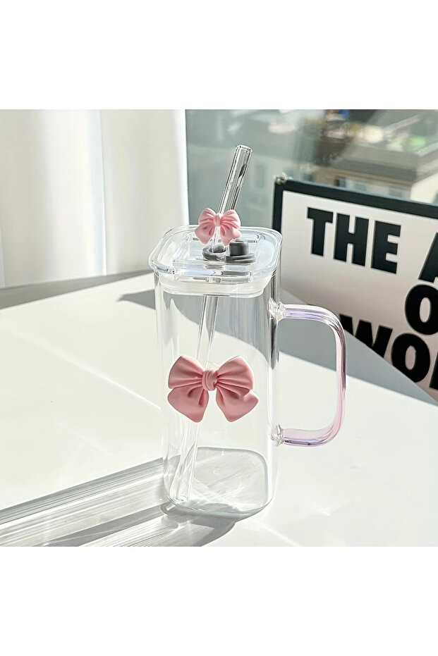 Pink 400mL Elegant Butterfly-Decorated Glass Tumbler with Straw & Handle - Reusable Freezer-Safe Wat