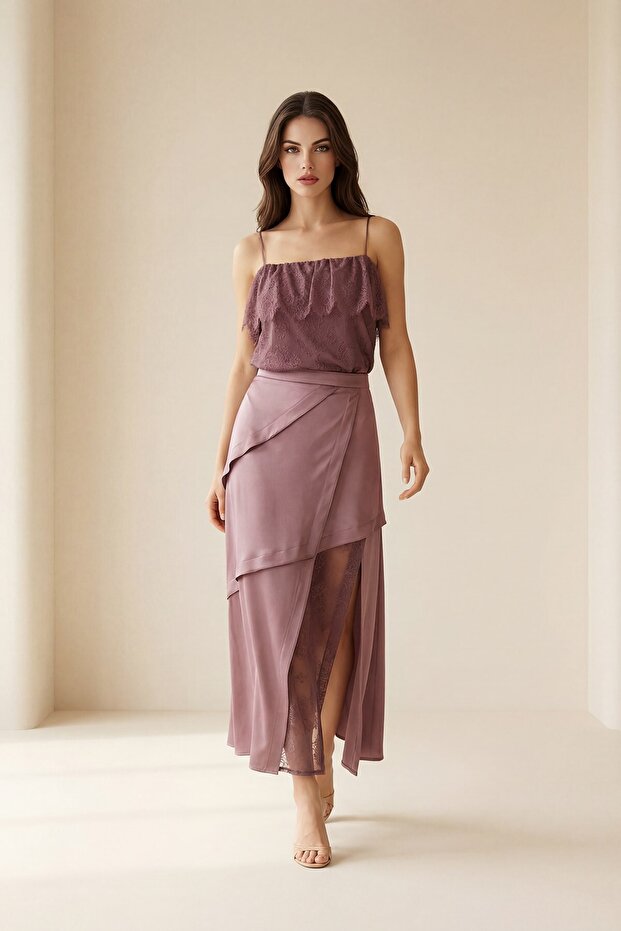 Dusty Rose Asymmetrical Cut Lace Detailed Skirt