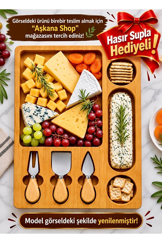 Wooden Cheese Serving Plate with 6+1 Compartments – 3-Piece Cheese Knife Set Deli Presentation Board