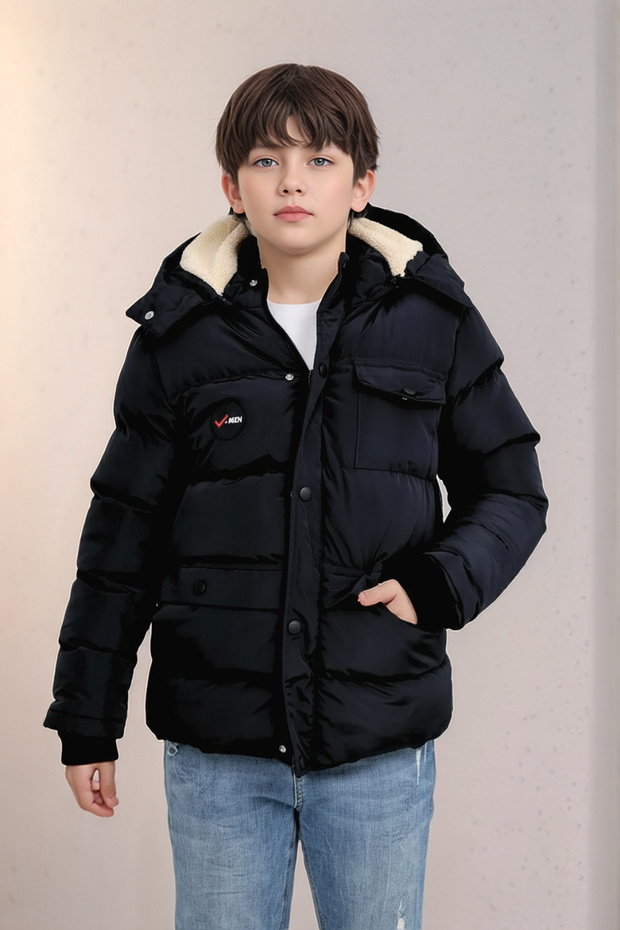 Boy's Winter Thick Fiber Filling Inner Fleece Lined Hooded Boys' Coat Jacket