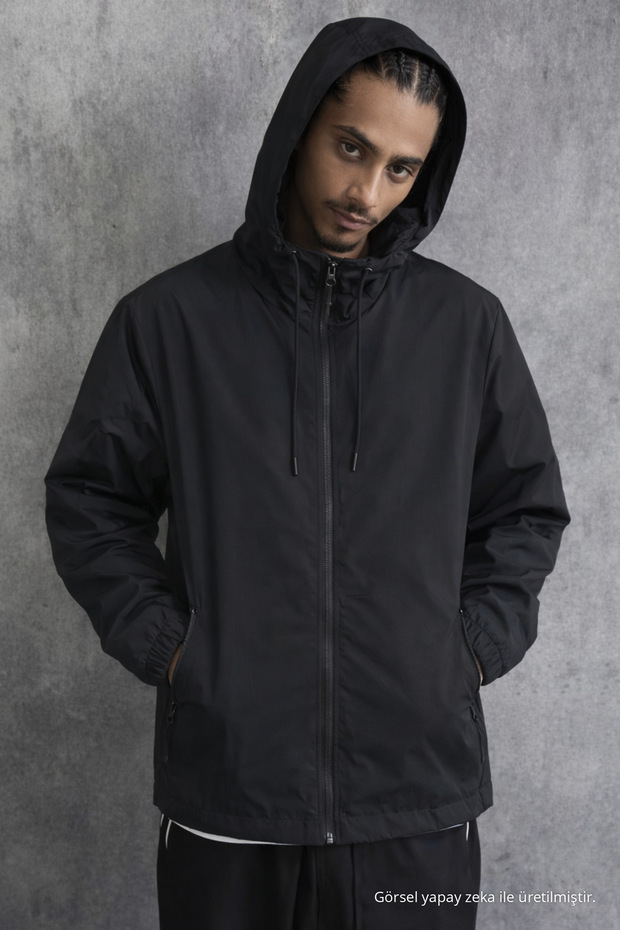 Men's Comfort Fit Lined Casual Black Raincoat & Windbreaker