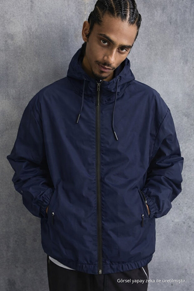 Men's Comfort Fit Lined Casual Navy Blue Raincoat & Windbreaker