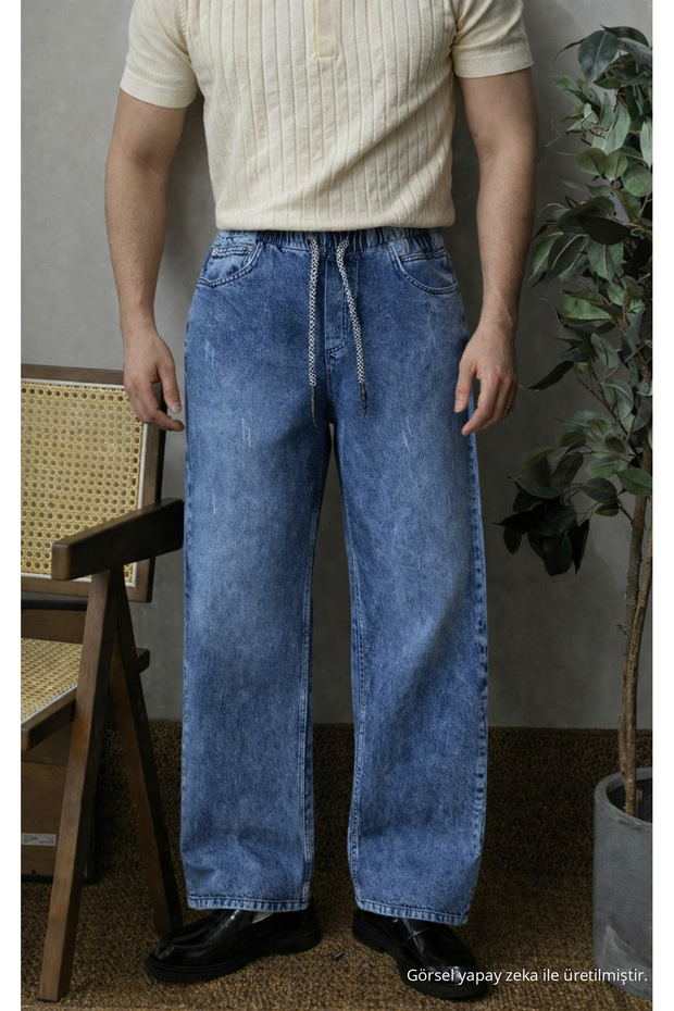 Men's Navy Blue Baggy Jeans with Elastic Waist