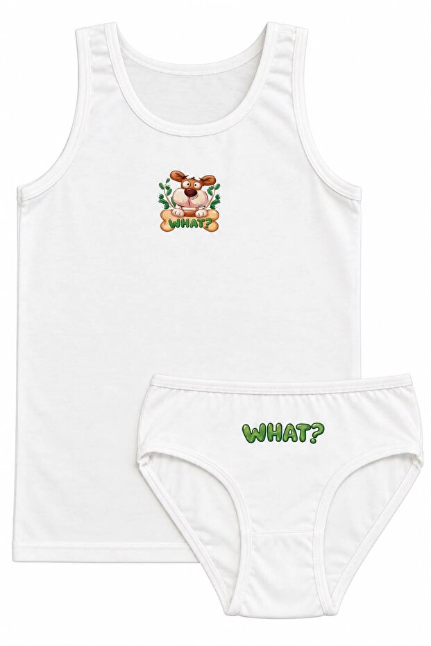 Cute Dog What Printed Girls' 2-Piece Undershirt Panties Set Cotton Ecru 2 Piece Underwear Set Gift Children's Undershirt Panties Set Ful-2Tkm-13-E