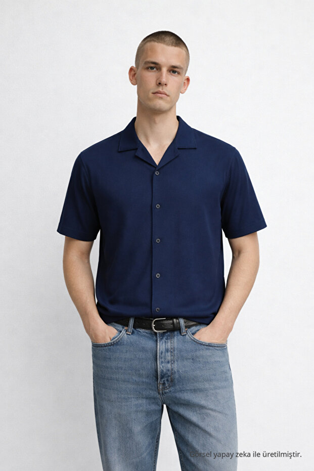 Men's Short Sleeve Stretchy Navy Blue Loose Shirt