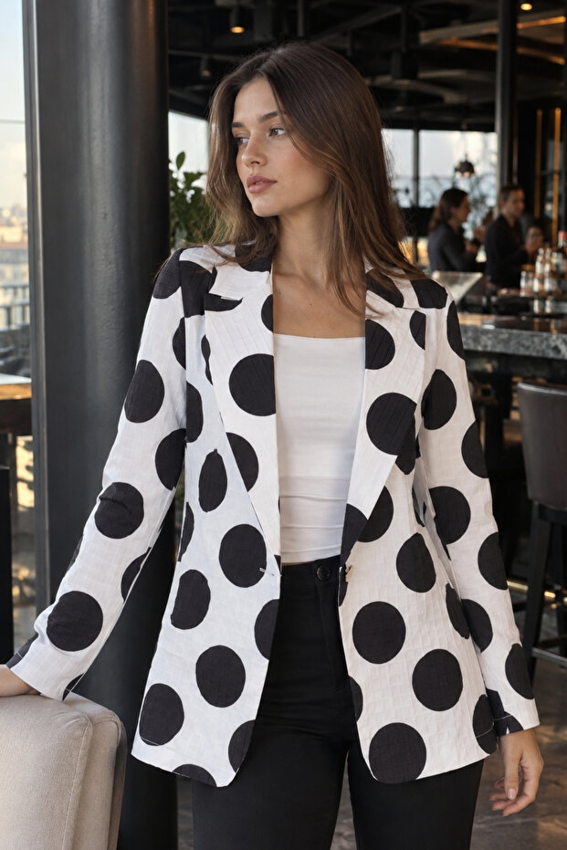 Women's Black Polka Dot Single Button Jacket Arm-26Y001116