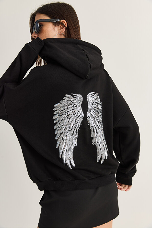Women's Black Wing Detailed Stone Embroidered Hooded Sweatshirt with Kangaroo Pocket 4197 60286519