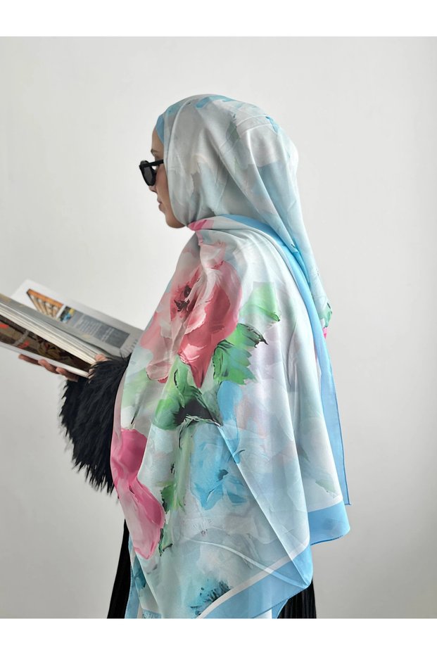 Ebruli Flowers Pattern French Silk Shawl - Baby Blue & Fuchsia