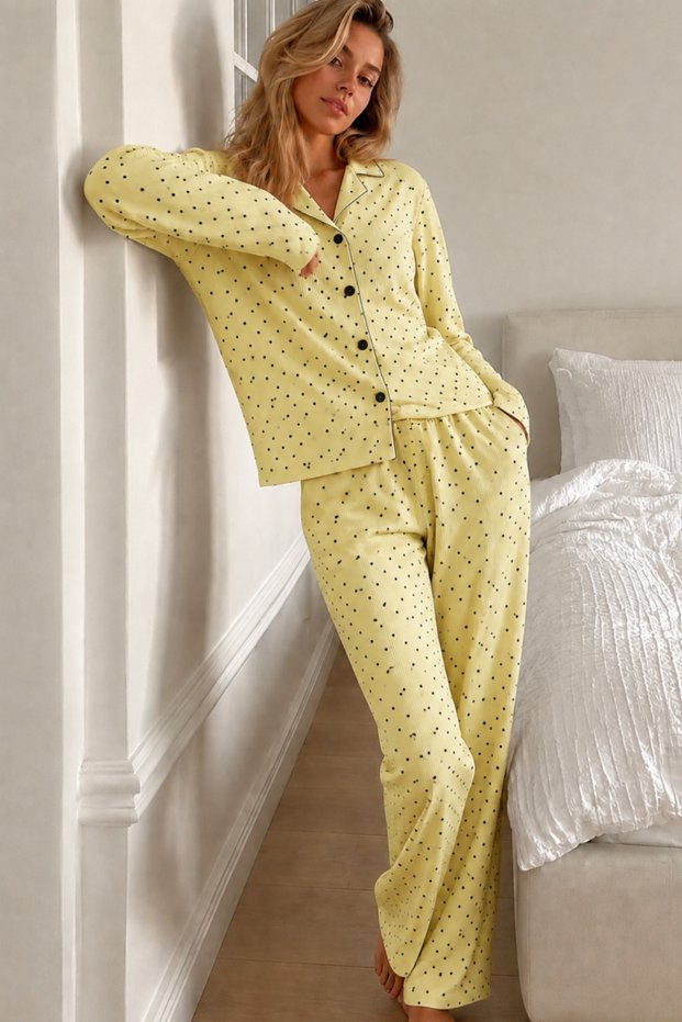 Women's Polka Dot Long Sleeve Buttoned Yellow Pajama Set