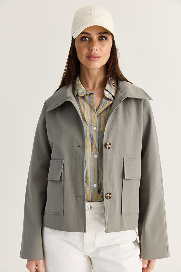 Women's Green Wide Pointed Collar Pocketed Plaid Lined Short Trench Coat 5570 60286506
