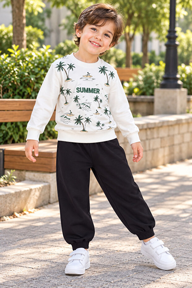 Boys' Summer Printed Sweatshirt Black Sweatpants 2-Piece Sports Set