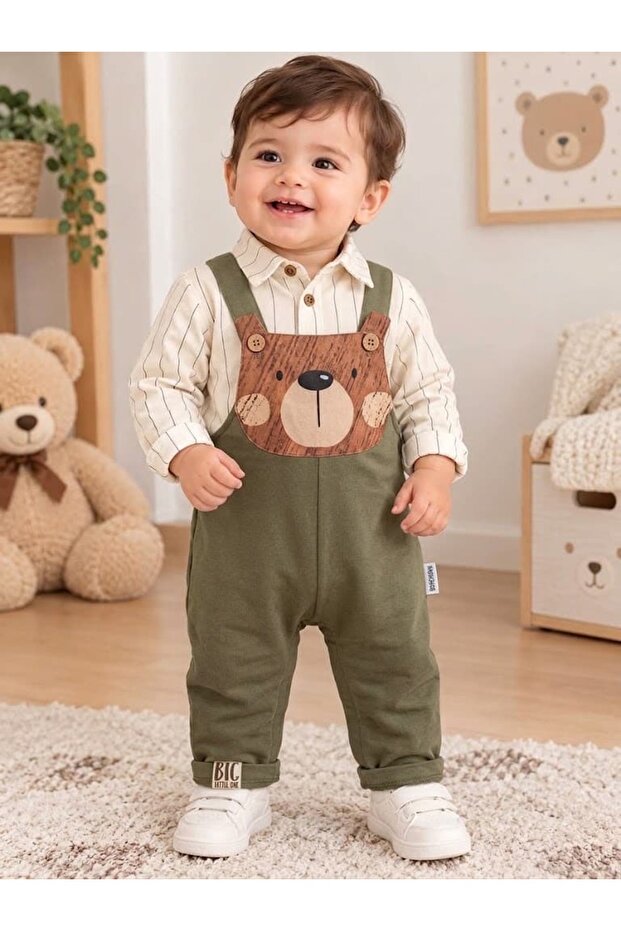 Teddy Bear Patterned Linen Shirt Velvet Salopet Set for Baby Boy