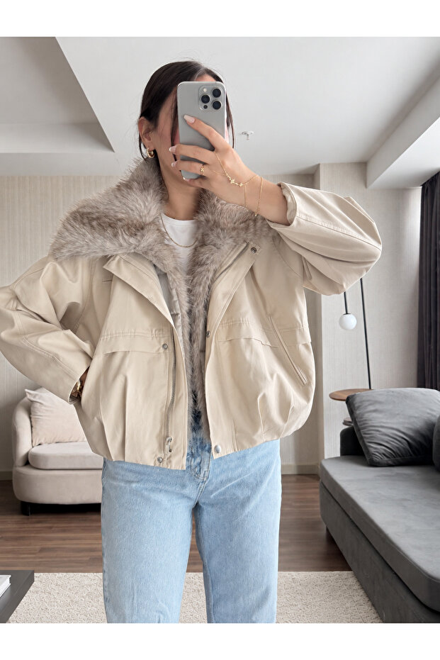 Fur Bomber Zippered Trench Coat