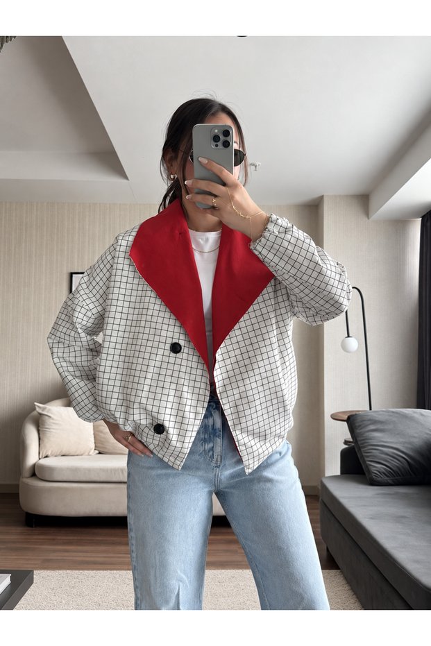 White Plaid Red Lined Bomber Jacket