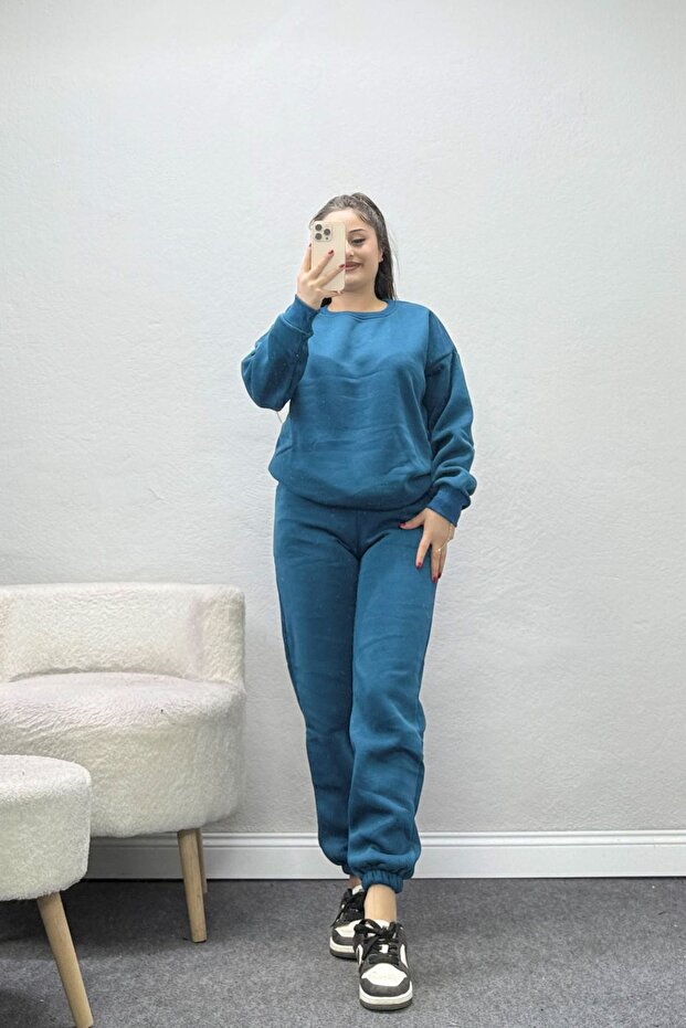 Women's 3 Thread Crew Neck Sweatshirt Set Petrolyesili