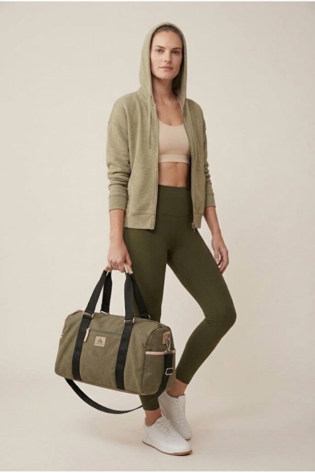Khaki Green High Waist Gathering Tights Flexible Fit Daily Sports Combed Cotton