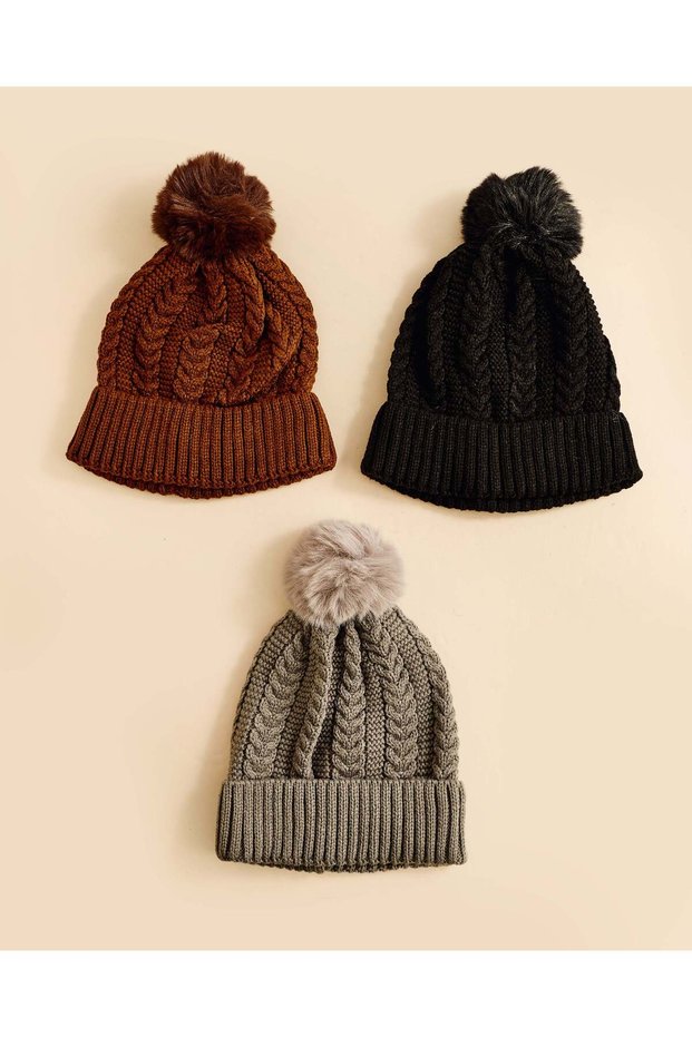 Women Assorted Pom Pom Beanie Set 3 Piece