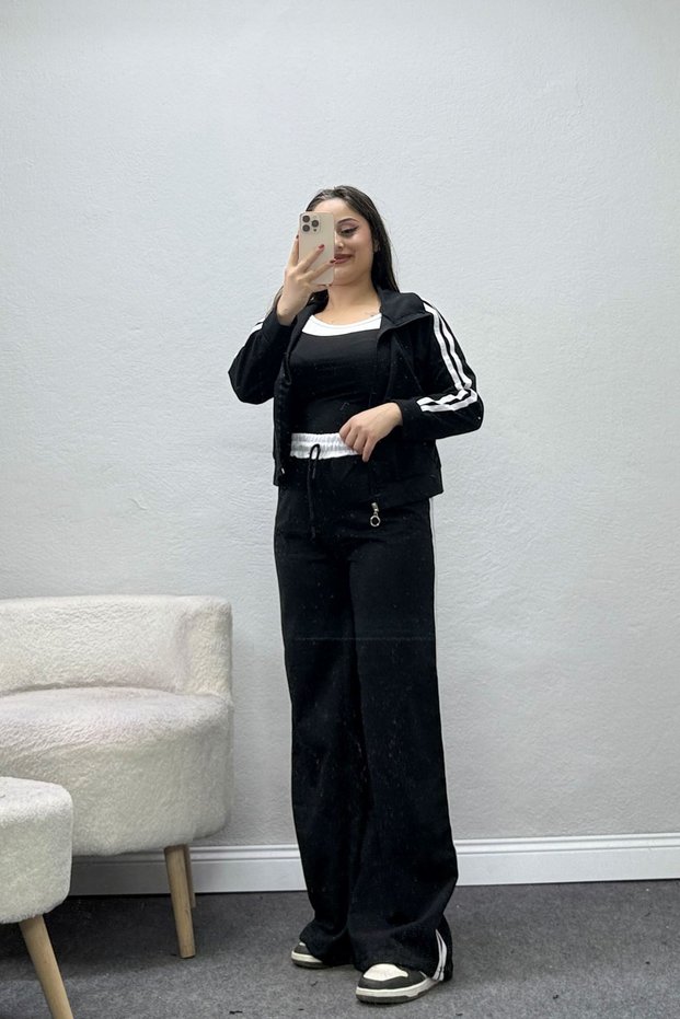 Women's 2 Thread 3-Piece Tracksuit Set Black Model Tv-95047