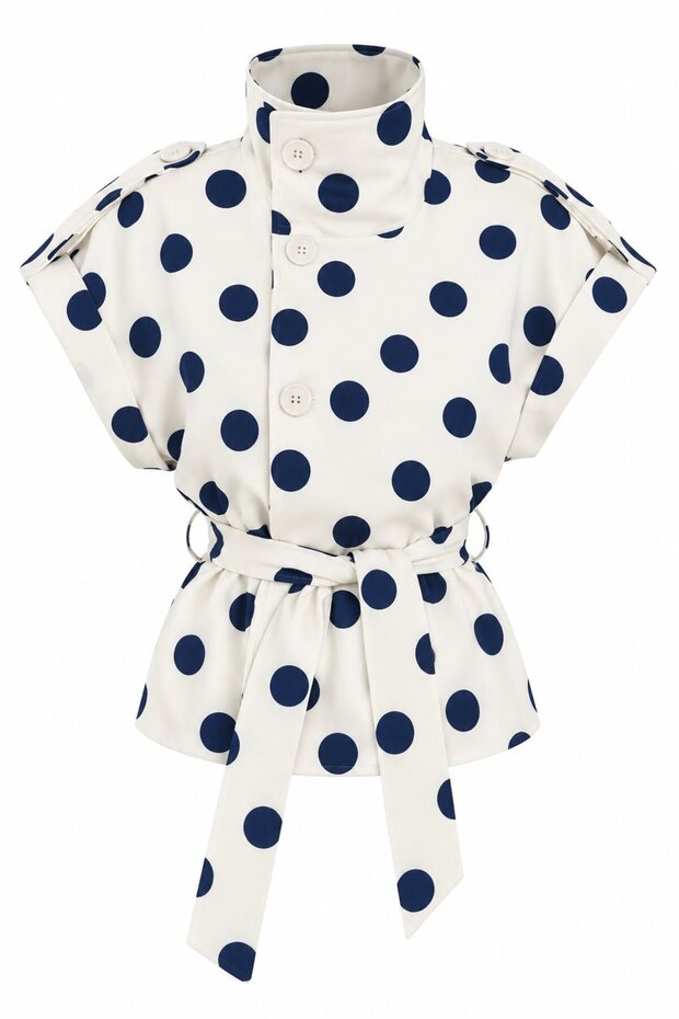 Ecru Navy Blue Epaulettes Polka Dot Belted Vest - 504364
