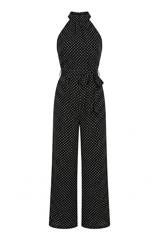Polka Dot Waist Drawstring Jumpsuit - Black Black