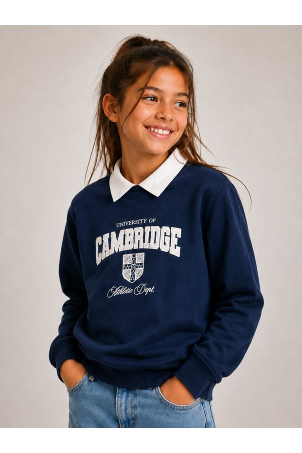 Girls Collared "Cambridge" Text Print Pullover