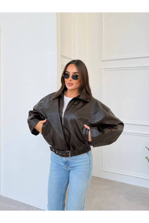 Elastic Waist Zippered Stand Collar Textured New Season Viral Women's Leather Jacket