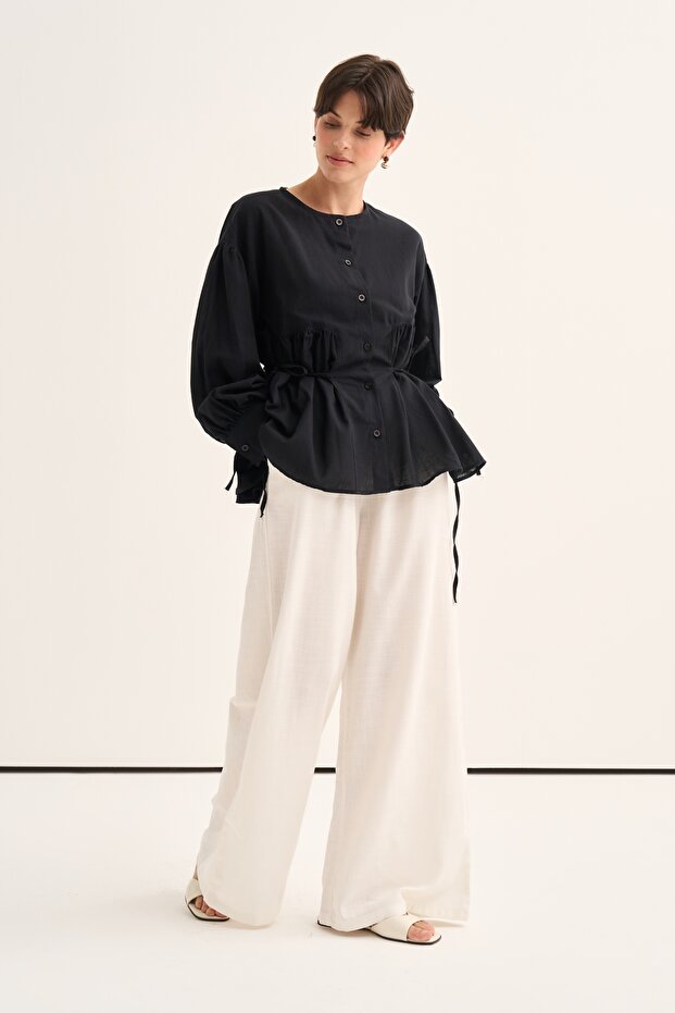 Women's Organic Cotton Drawstring Lace-Up Blouse Black