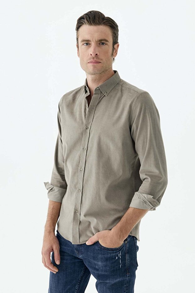 Beige Comfort Fit 100% Cotton Velvet Shirt