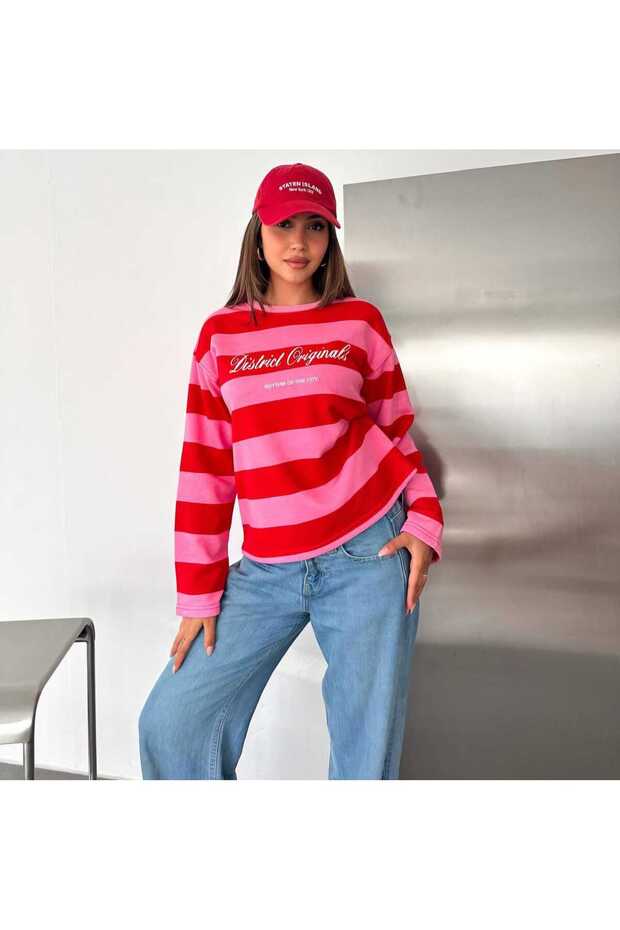 Women's Red Text Detailed Crew Neck Sweatshirt