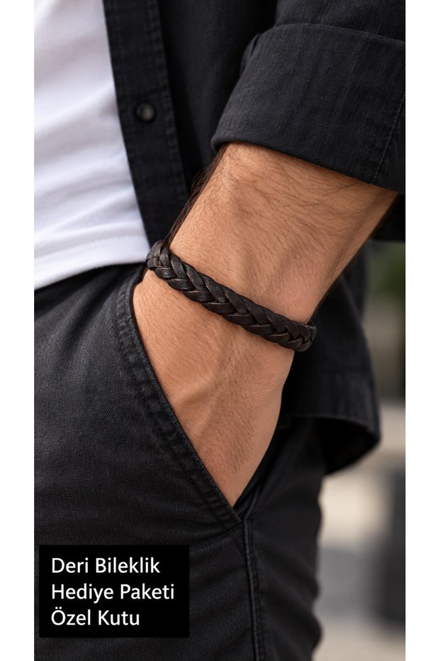 Delsario Coal Plait Anthracite Black Leather Men's Bracelet - Thick Cross Braided Design