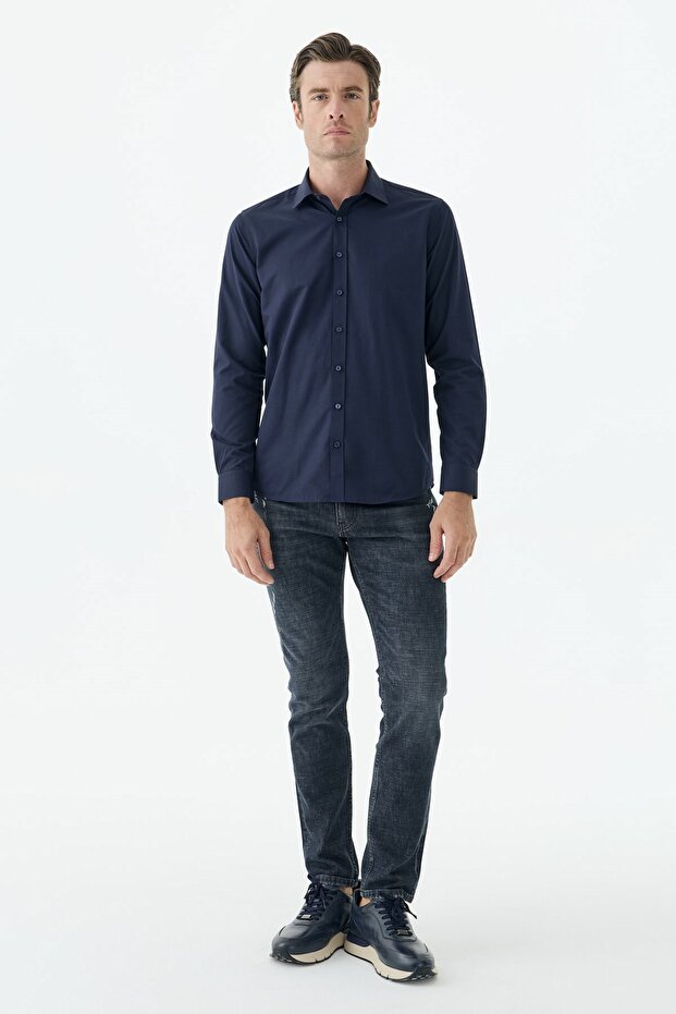 Navy Blue Comfort Fit Button down Collar Patterned Shirt