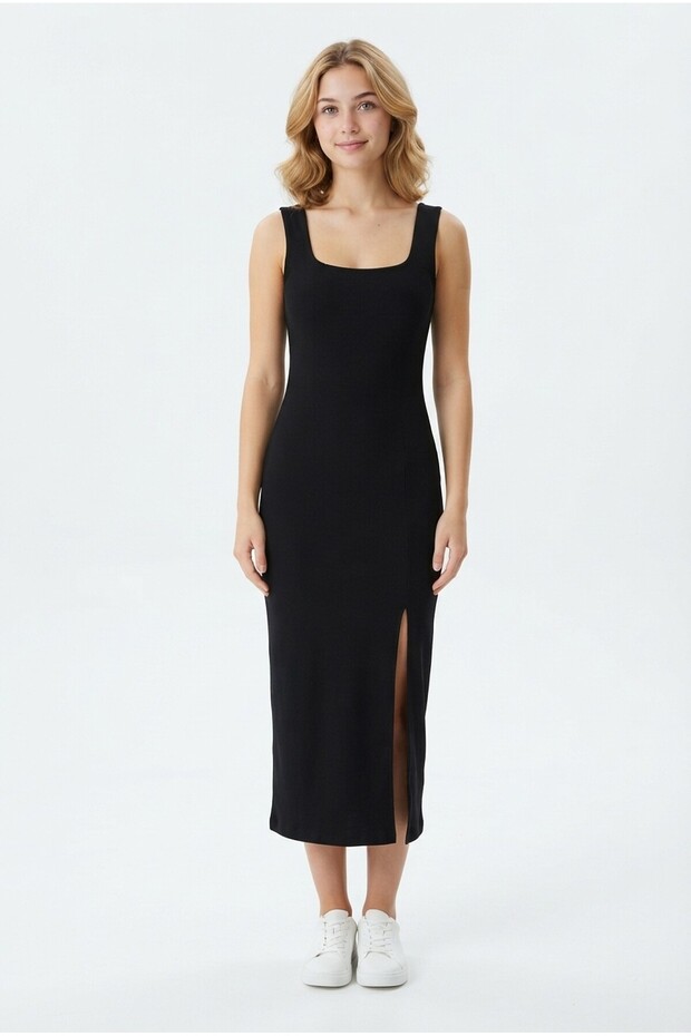 Women's Square Neck Thick Strap Sleeveless Slit Stylish Casual Dress