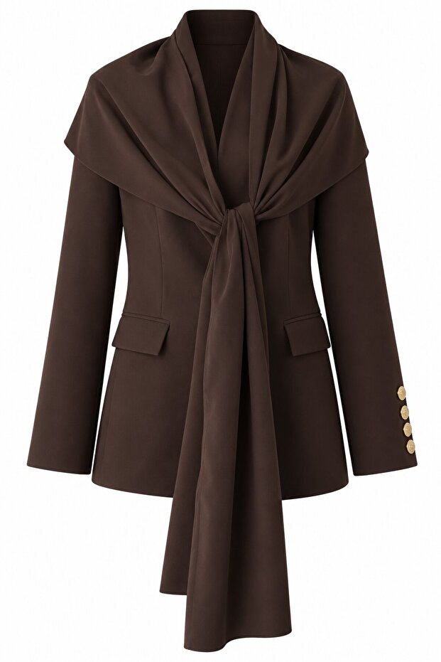 Brown Gold Button Detailed Shawl Jacket - 2Y9721