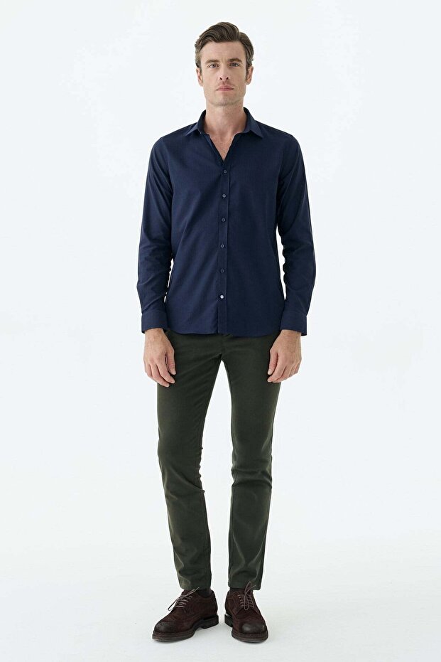 Navy Blue Cotton Blend Comfort Fit Shirt