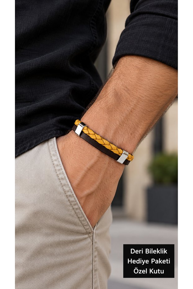 Reldino Saffron Arc Dark Brown Leather Men's Bracelet - Saffron Weave Front Design