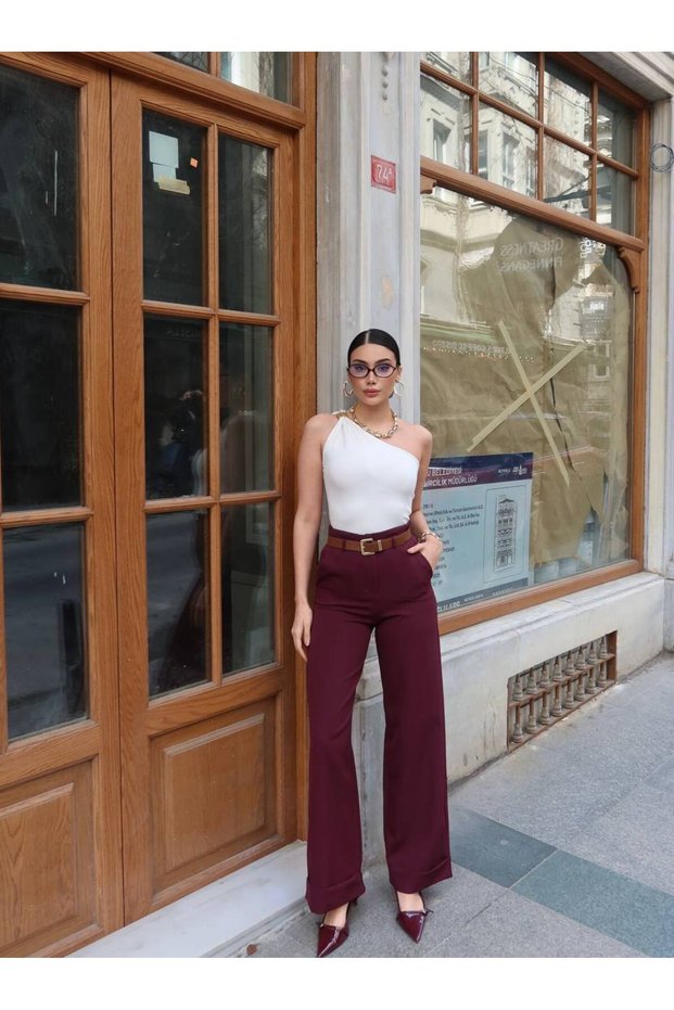 Cuffed Belted Palazzo Fabric Trousers - Plum Plum