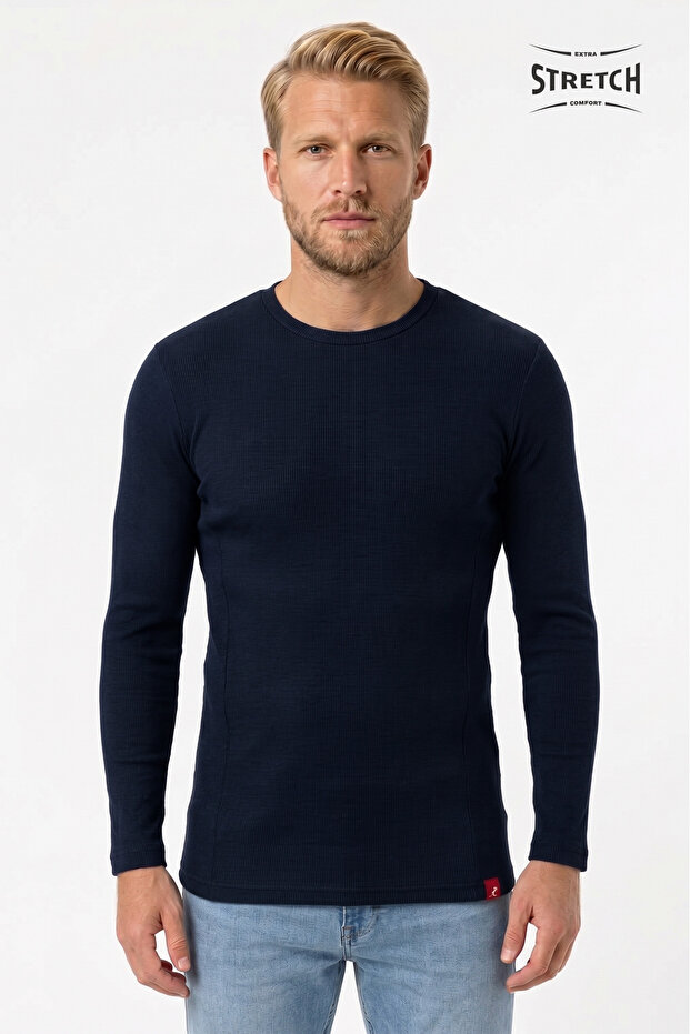 Men's Rocco O-Neck Medium Thick Ribbed Stretch Long Sleeve Cotton T-Shirt Dark Blue