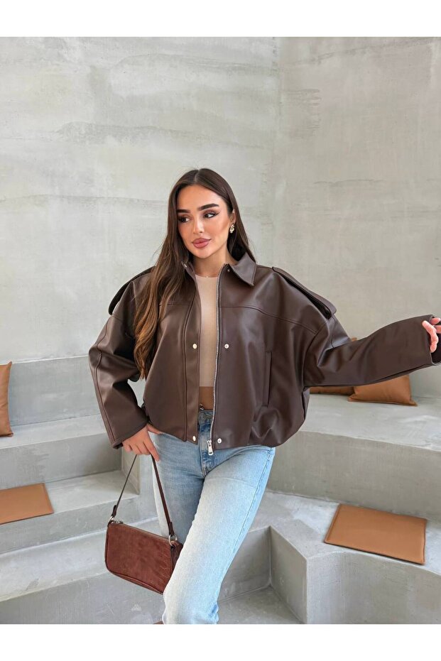 Women's New Season Bomber Balloon Sleeve Leather Jacket with Epaulet Detail