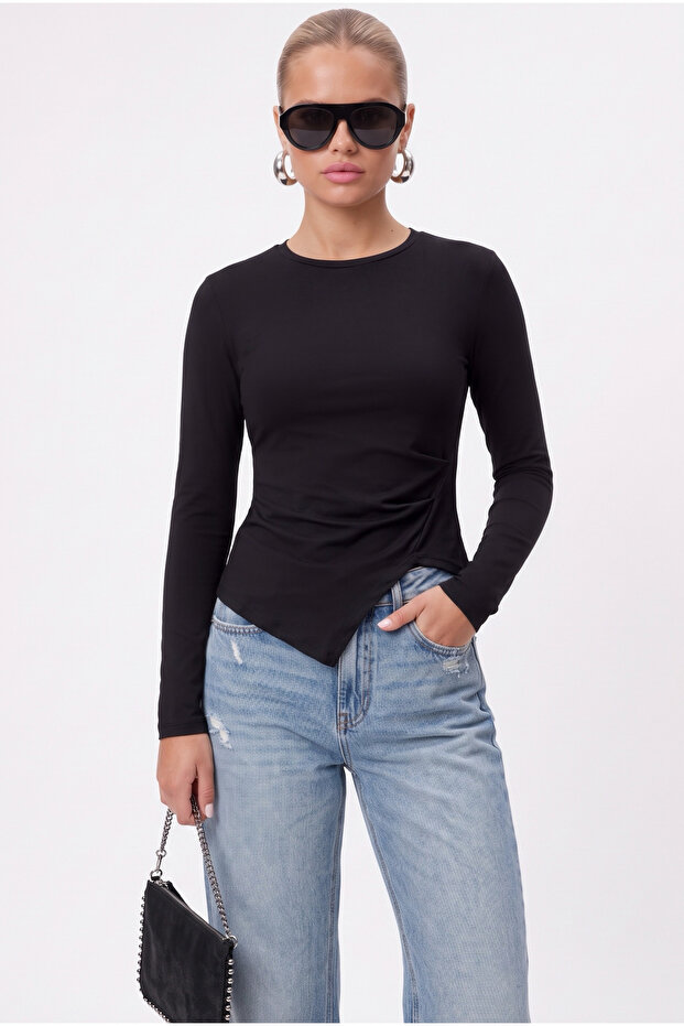 Women's Jolie Asymmetrical Detailed Long Sleeve Black Knitted Blouse