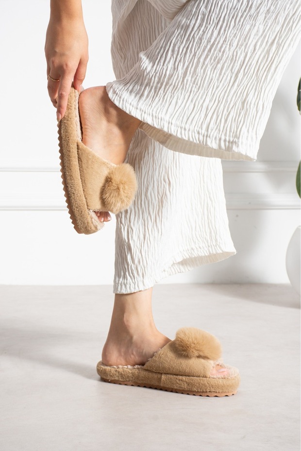Women's Mink Single Pompom Plush Slippers, Soft Sole Home Slippers