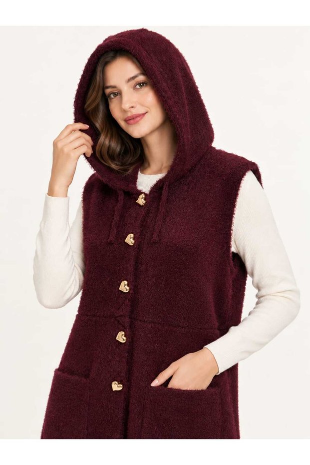 Asez Boutique Hooded Long Plush Vest with Heart Buttons and Pockets 9029